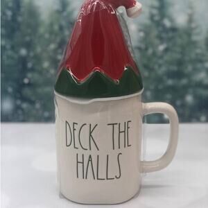 New Rae Dunn 2020 Deck The Halls Christmas Mug With Red Green Elf Hat Topper Lid